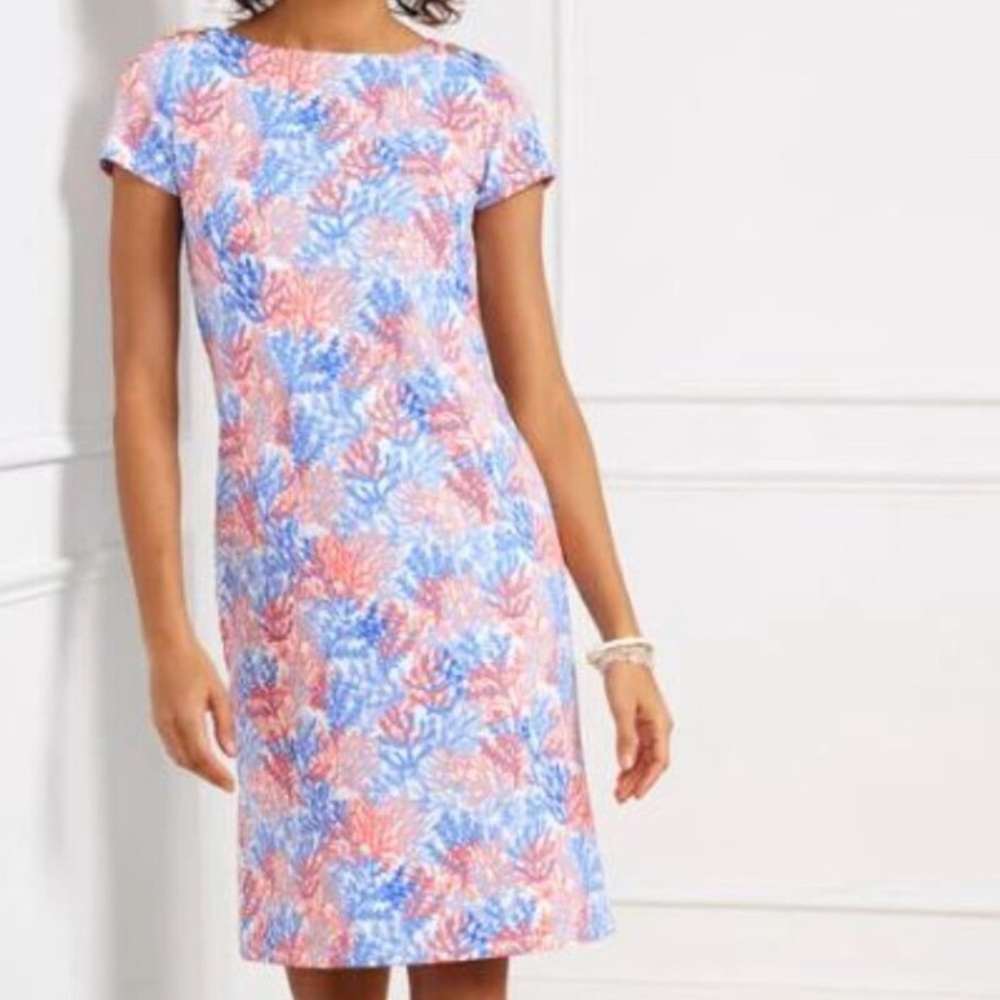 Talbots Dynamic Coral Print Jersey Shift Dress - LARGE